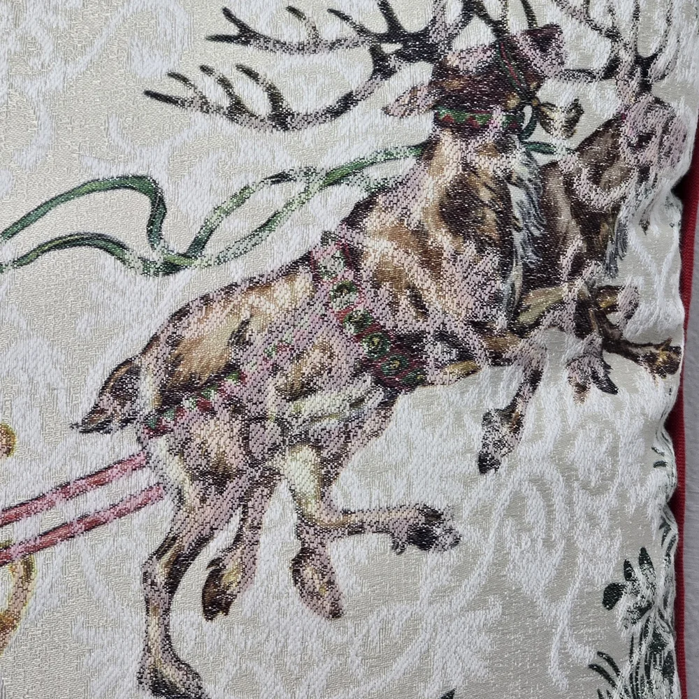 Woven Tapestry Christmas Santa Sleigh Reindeer Throw Pillow Covers Set 17x17